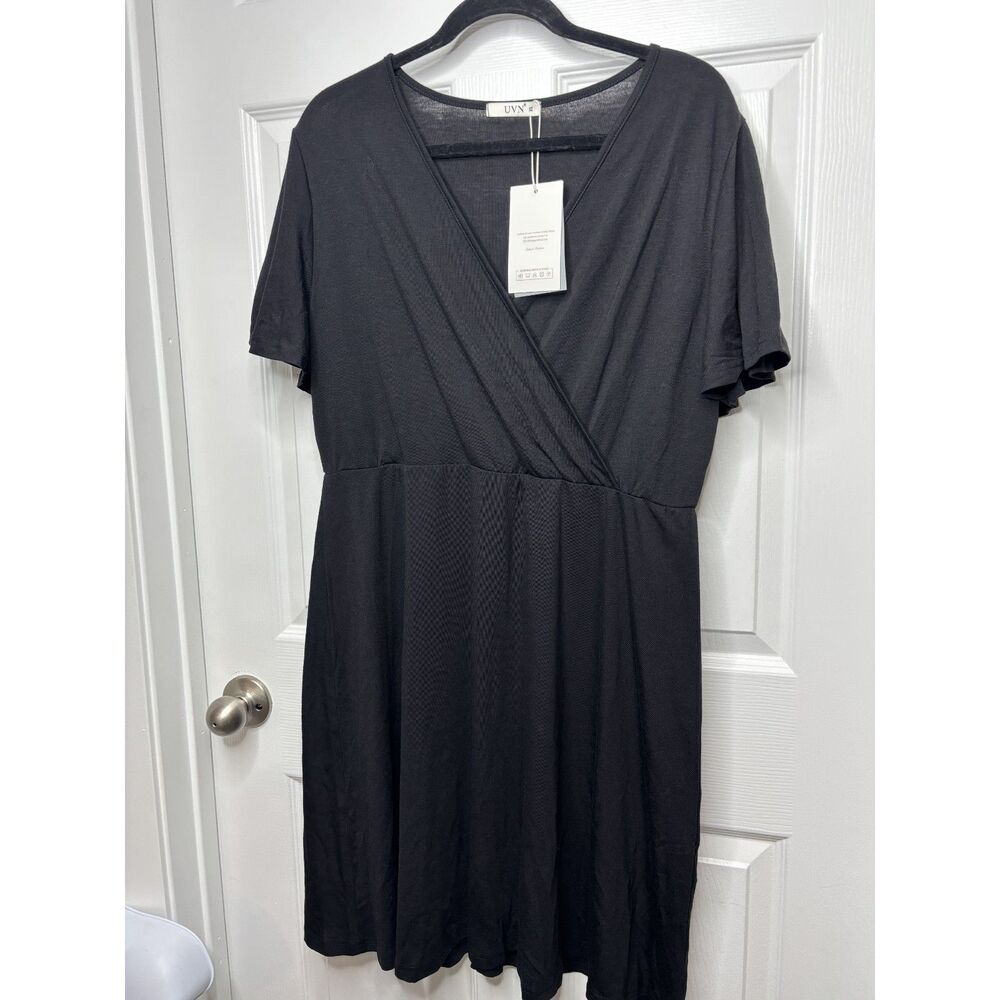 UVN Women's 1X Black Wrap V-Neck Short Sleeve Mini Dress NWT Casual Flowy
